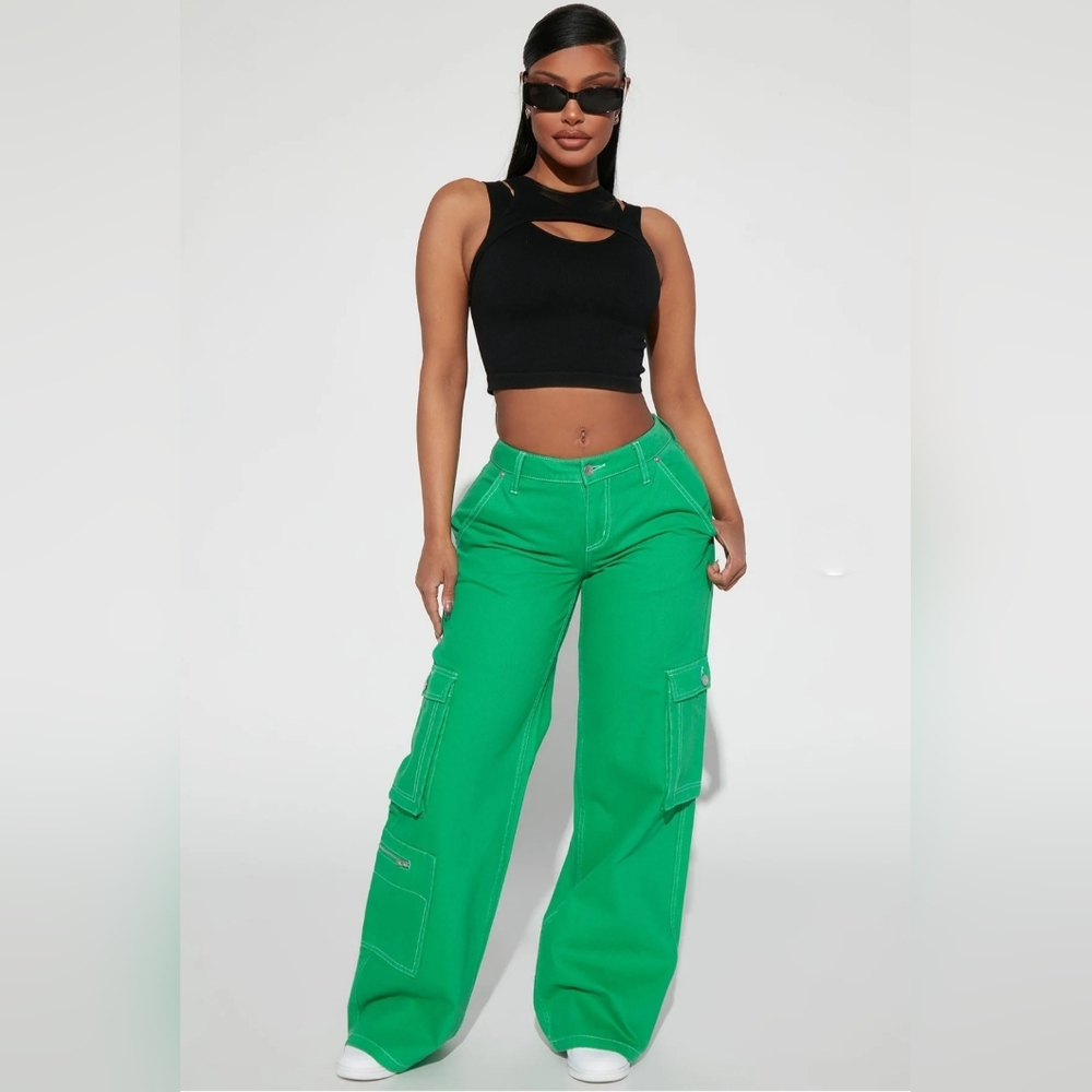 Fashion Nova No Rules Mid Rise Cargo Jean Green Sz 5 NWOT